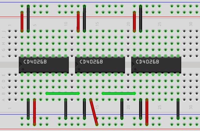 Wiring diagram: three daisy-chained CD4026B chips
