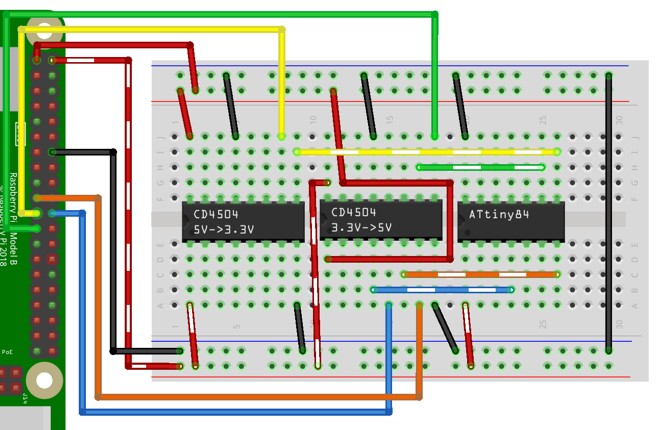 Kapcsolási rajz: ATtiny84 és a két CD4504 szint léptető