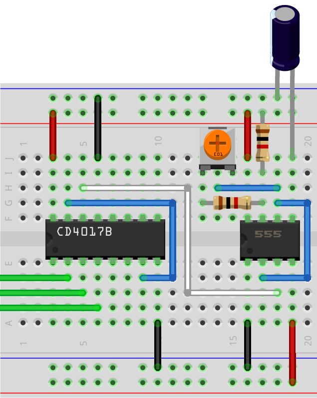 Wiring diagram: astable 555 timer and a CD4017B counter
