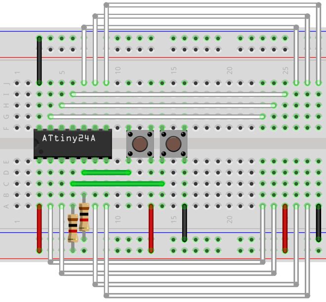 Wiring diagram: ATtiny24A and the LCD display