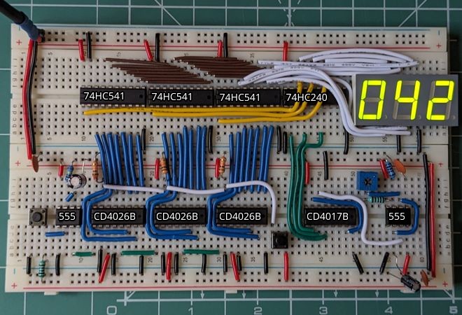 The completed digital counter on two breadboards