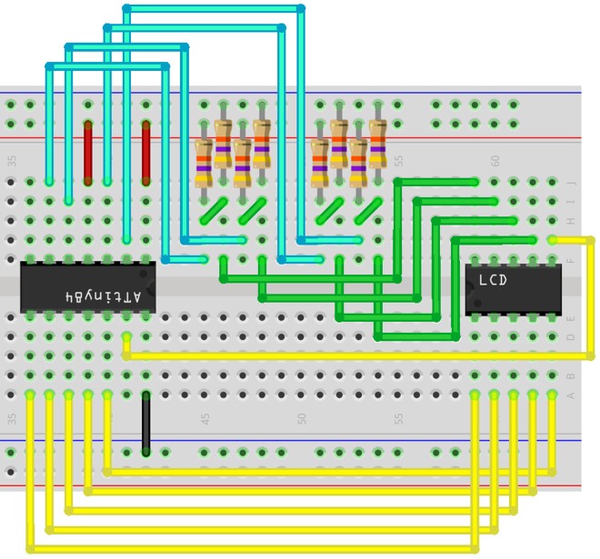 Kapcsolási rajz: ATtiny84 és LCD kijelző