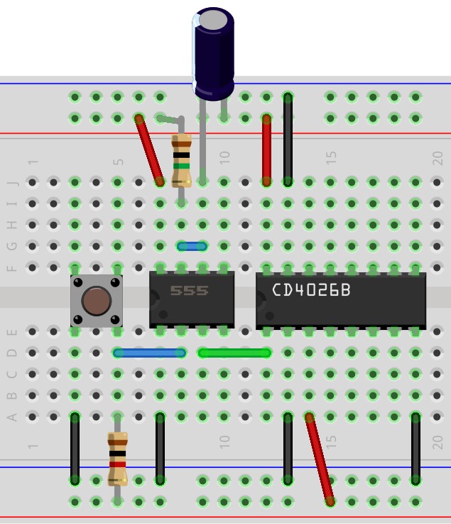 Wiring diagram: monostable 555 timer and a CD4026B counter
